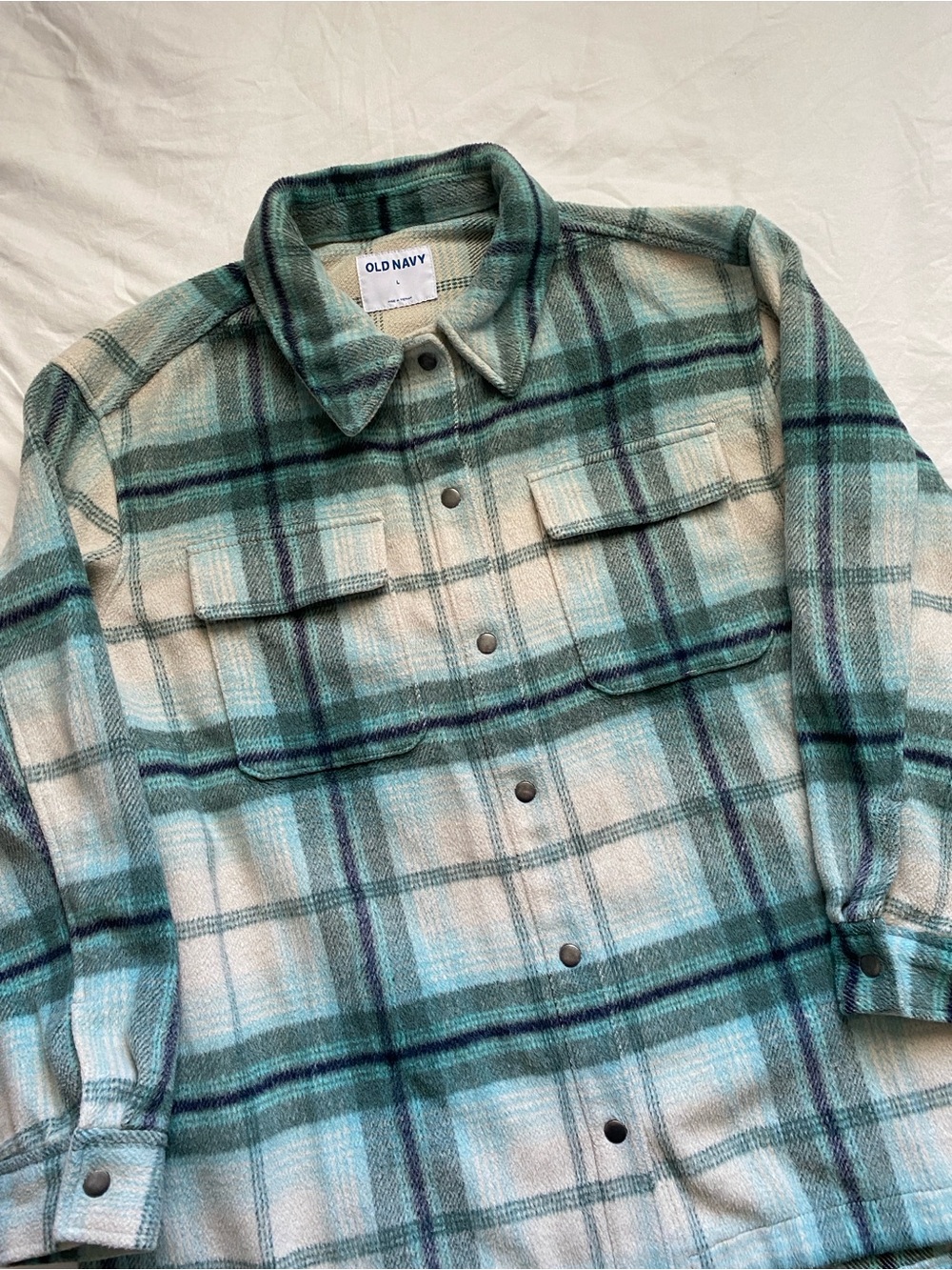 Blue Green Cream Plaid Button Down Shacket with Pockets
